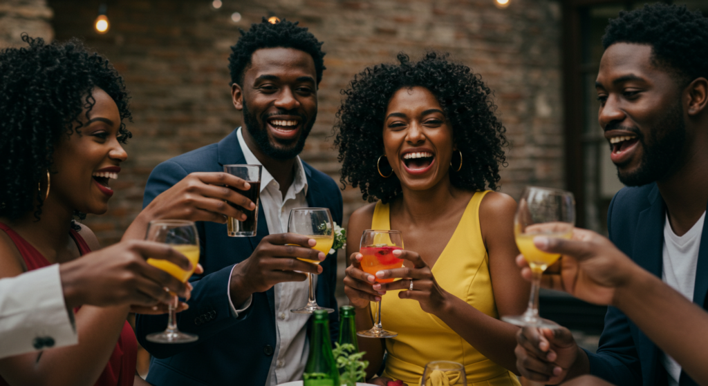 Friends toasting after sharing wedding anniversary messages