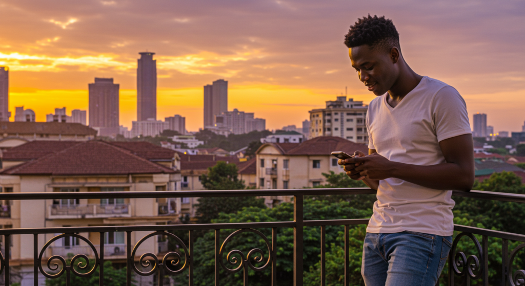 A young Nigerian guy on his balcony reading good evening message for a friend on his phone.