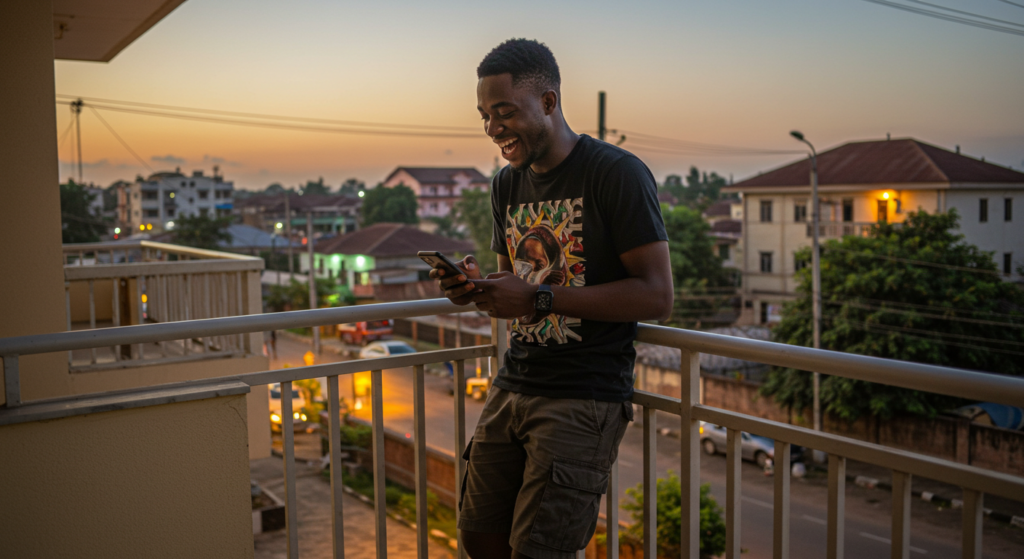 A young Nigerian guy on his balcony laughs as he gets funny good evening message for a friend on his phone.