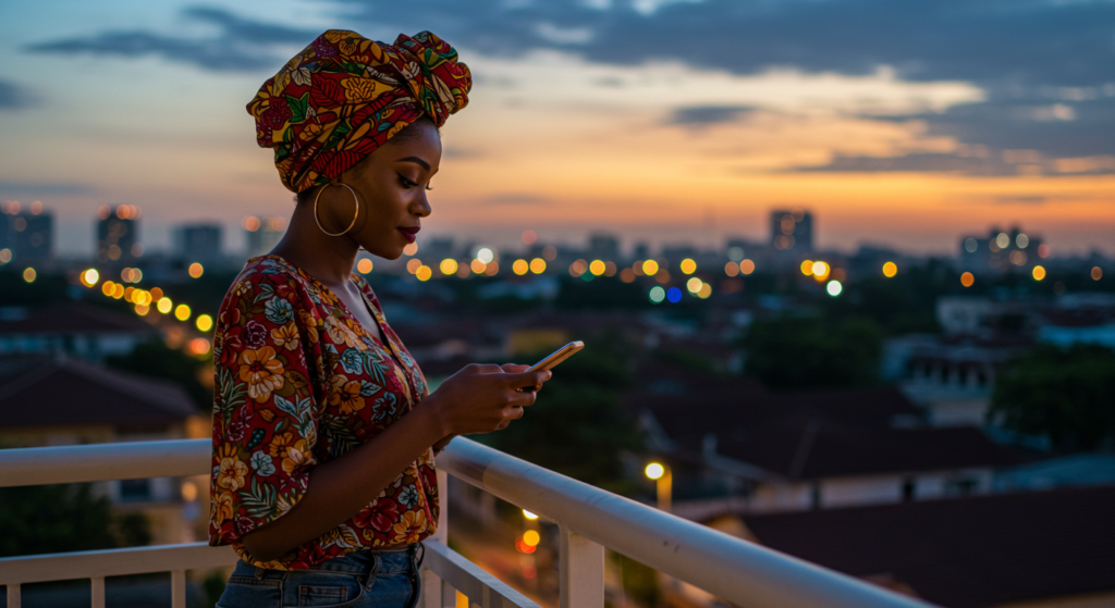 A Nigerian lady composing good evening messages for a friend on her phone