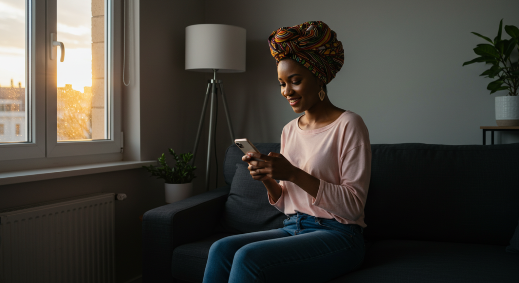 A Nigerian lady in her living room composing Good Evening Messages for A Friend on her phone.