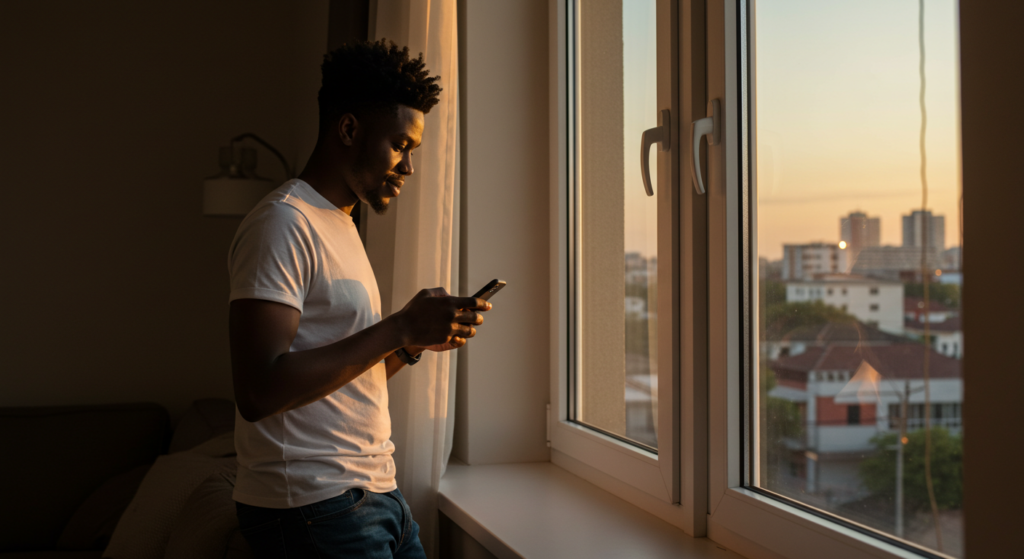 A Nigerian guy about to send Good Evening Messages for A Friend on his phone.