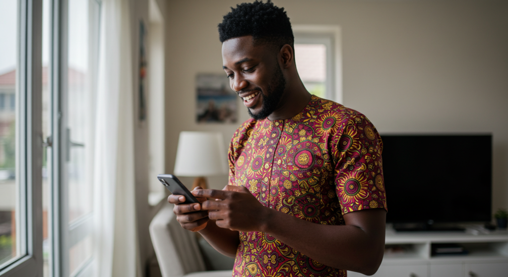 A young man composing a good afternoon message for her