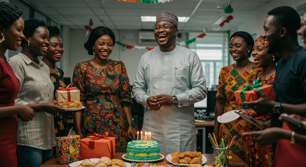 Staff sharing birthday wishes to a boss