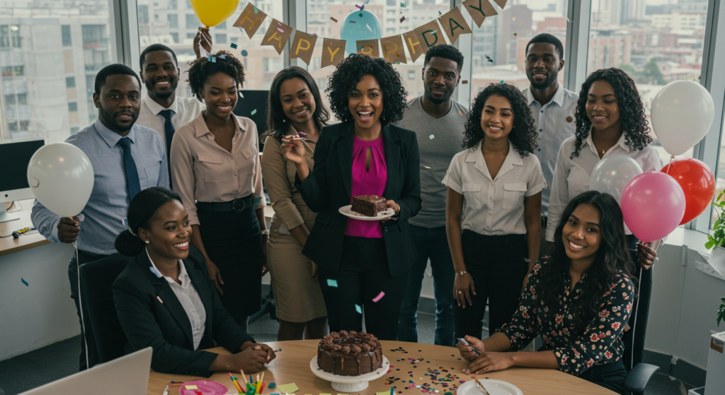 Staff saying birthday wishes for my female boss