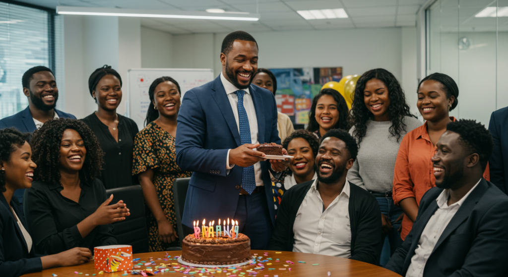 Staff saying birthday wishes to a male boss
