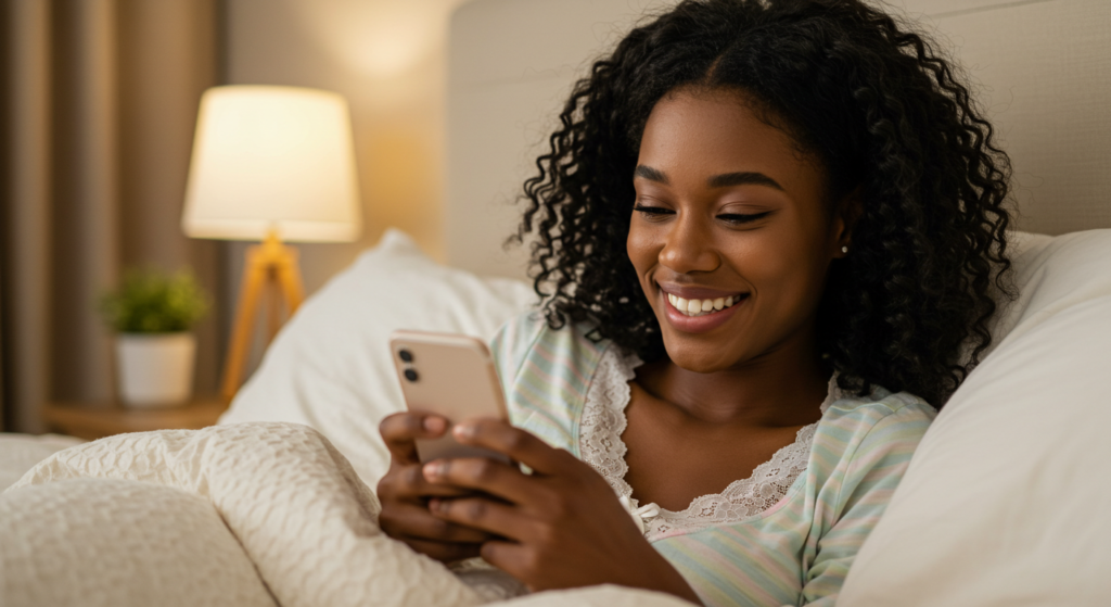 A lady happily reading a long good morning message for her.