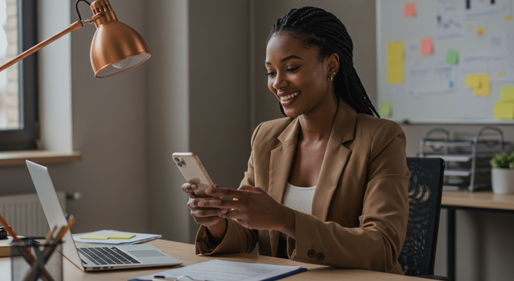 A woman feeling motivated after she reads an inspirational long good morning message for her.