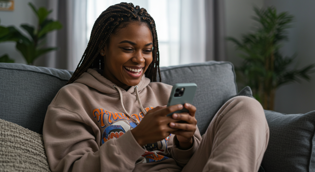 A woman blushing as she reads a flirty long good morning message for her.