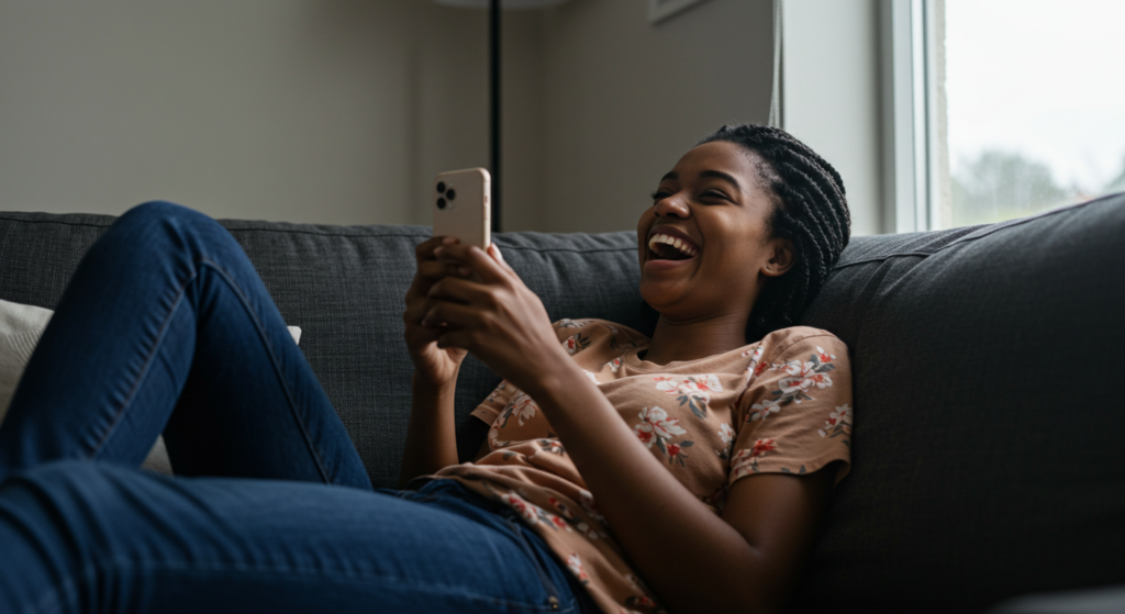 A woman laughing as she reads a funny long good morning message for her.
