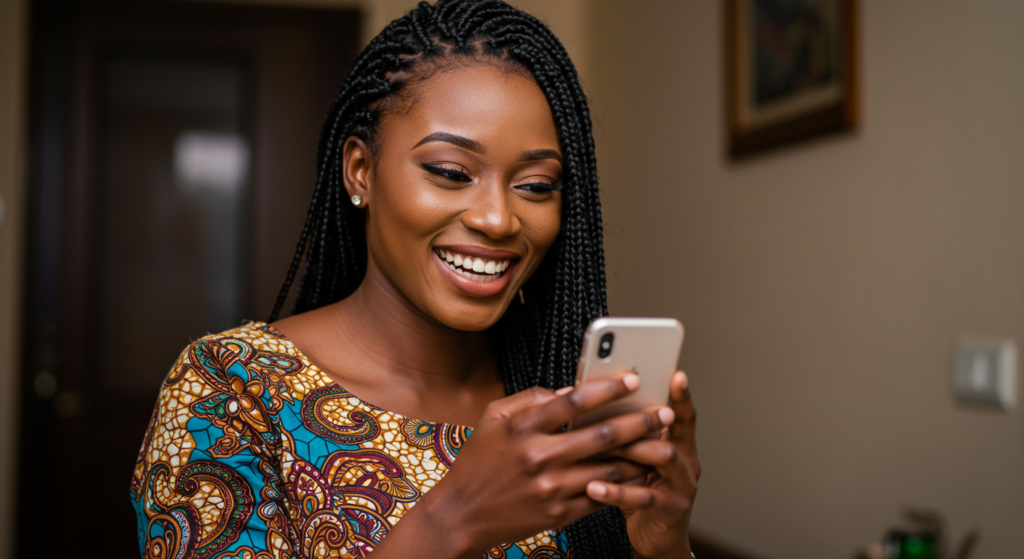 A lady full of joy as she reads a sweet long good morning message for her.