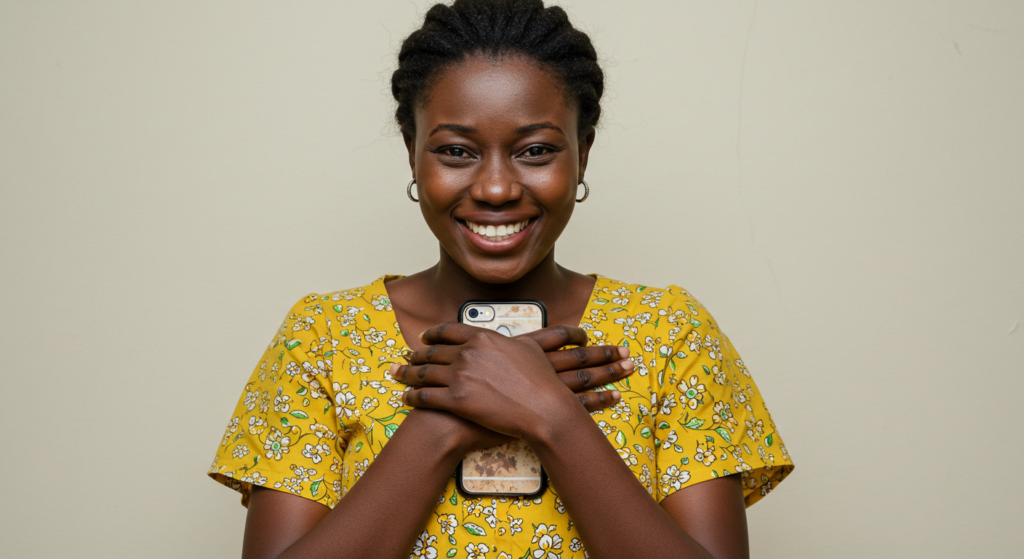 A woman in a long-distance relationship smiles after reading a long good morning message for her.