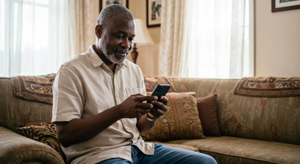 An old Nigerian man in his living room reading Happy New Month Prayers 