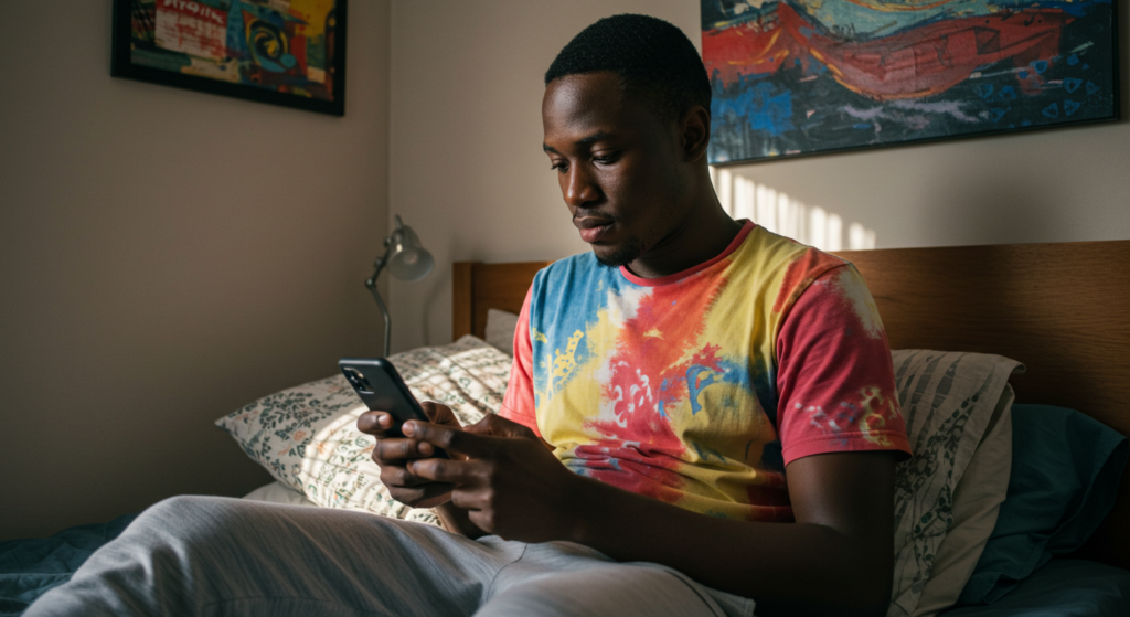 A young Nigerian man in his bedroom as he receives Happy New Month Prayers