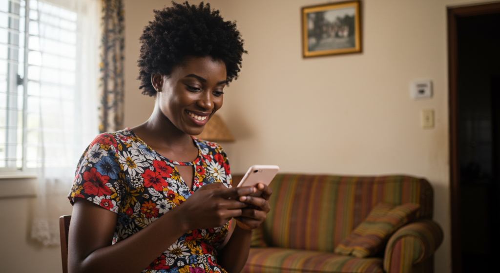 A young Nigerian lady sending out Happy New Month Prayers on her phone