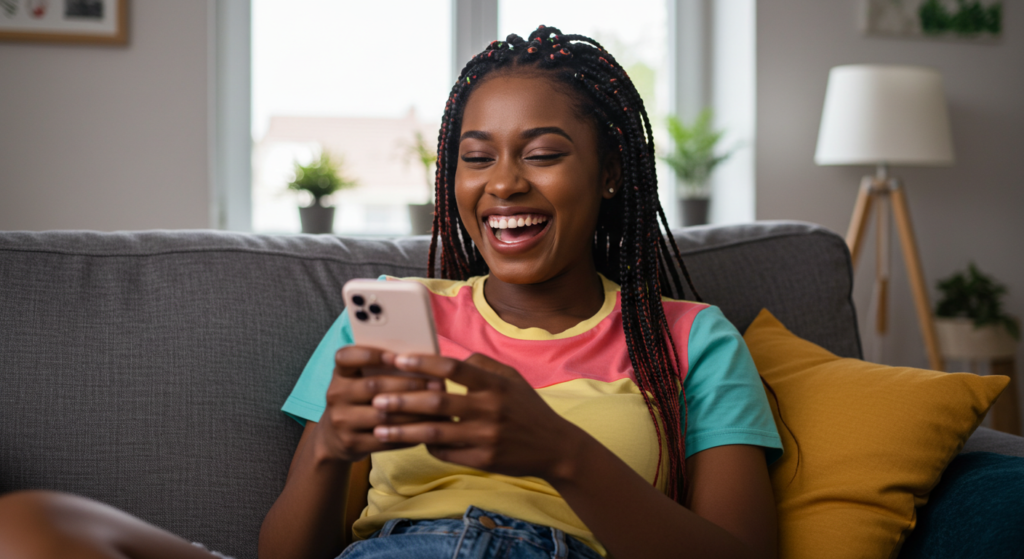 A woman laughing at the funny new month wishes she just got. 