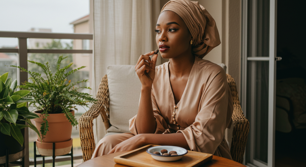 Nigerian woman eating bitter kola