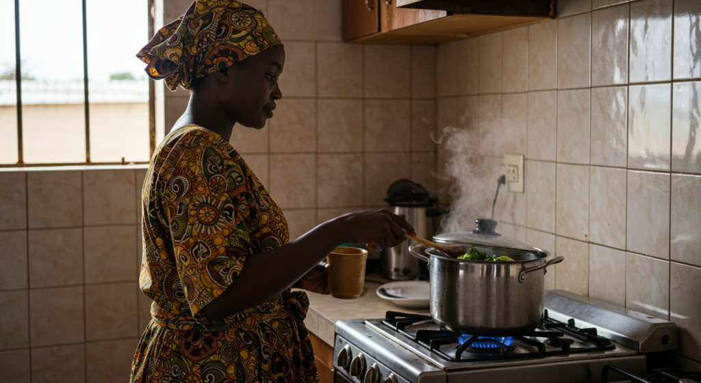Woman in the kitchen cooking for miracle leaf benefits