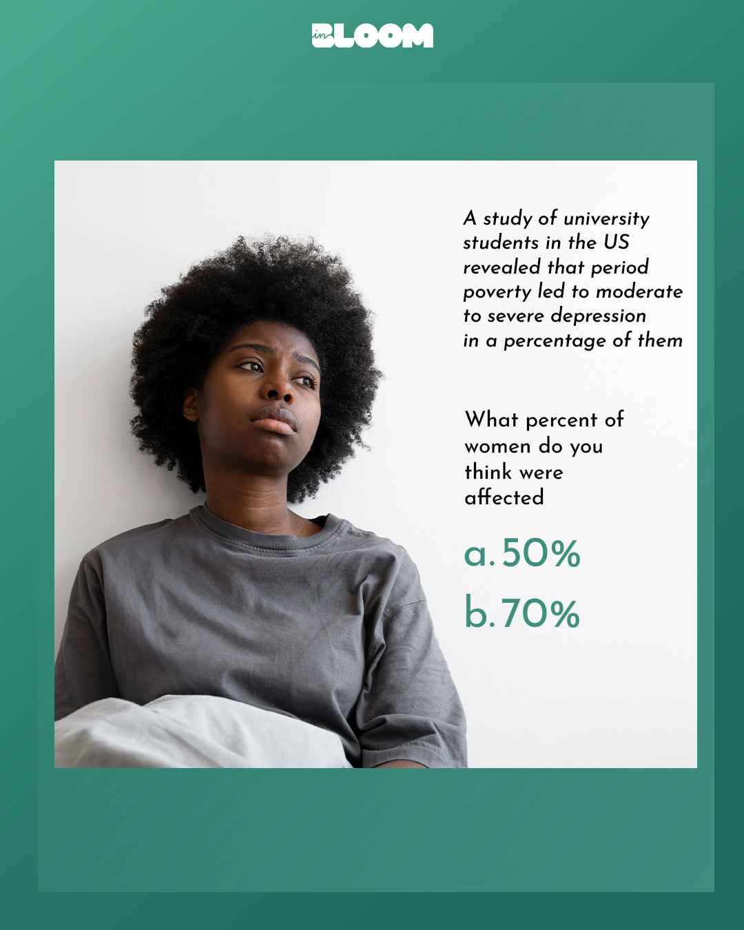 A study of university students in the US revealed that period poverty led to moderate to severe depression in a percentage of them. What percent of women do you think were affected?