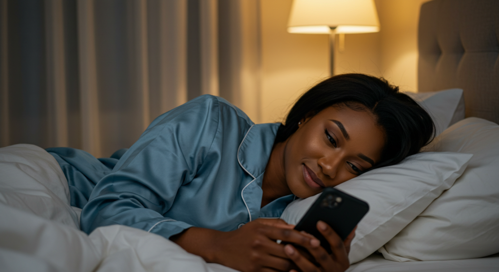 A young Nigerian lady in bed as she receives a good morning message for her on her phone.