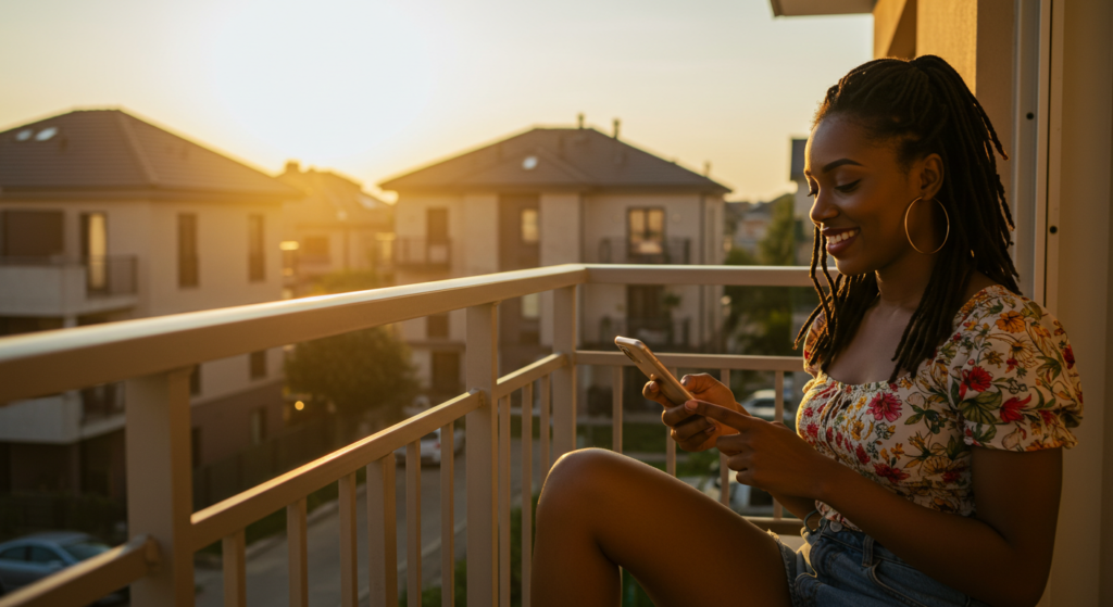 A Nigerian chilling on her balcony as she receives a good morning message for her from her lover.