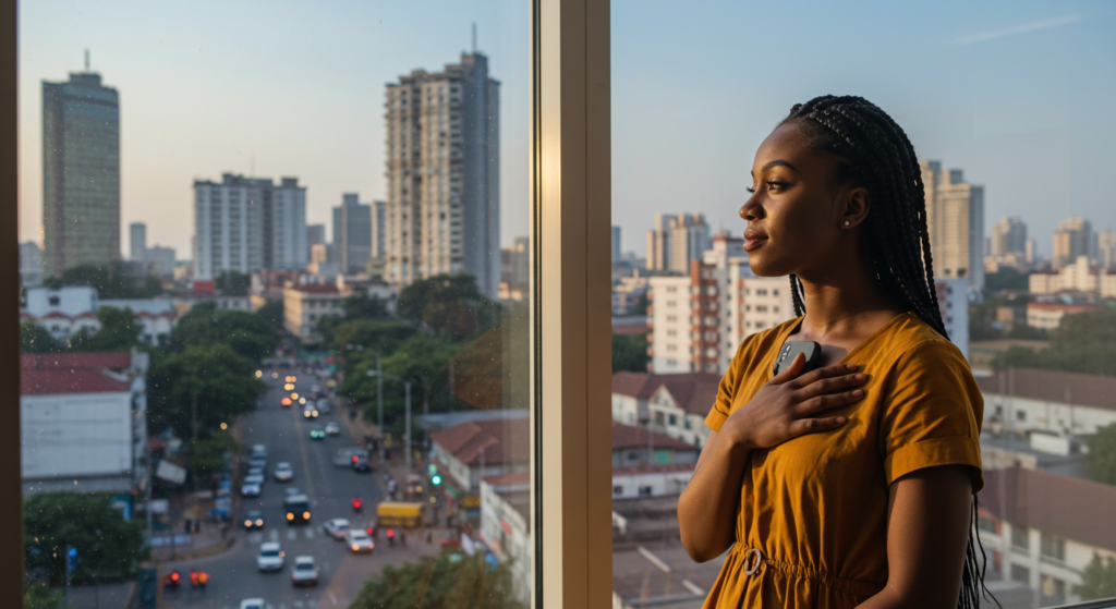 A young Nigerian looking solemn as she receives a heartfelt good morning message for her text.