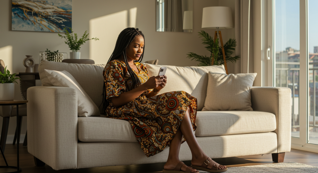 A Nigerian lady reading a romantic good afternoon message for her