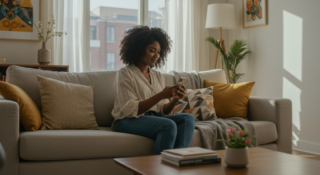 A young Nigerian lady composing a good afternoon message to my love