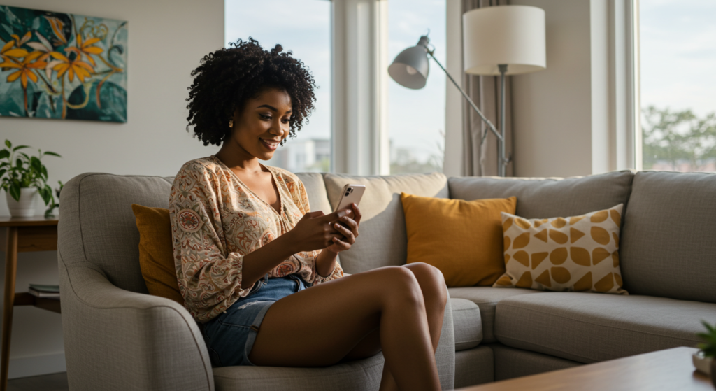 A Nigerian lady all smiles after getting a romantic good afternoon message to my love on her phone.