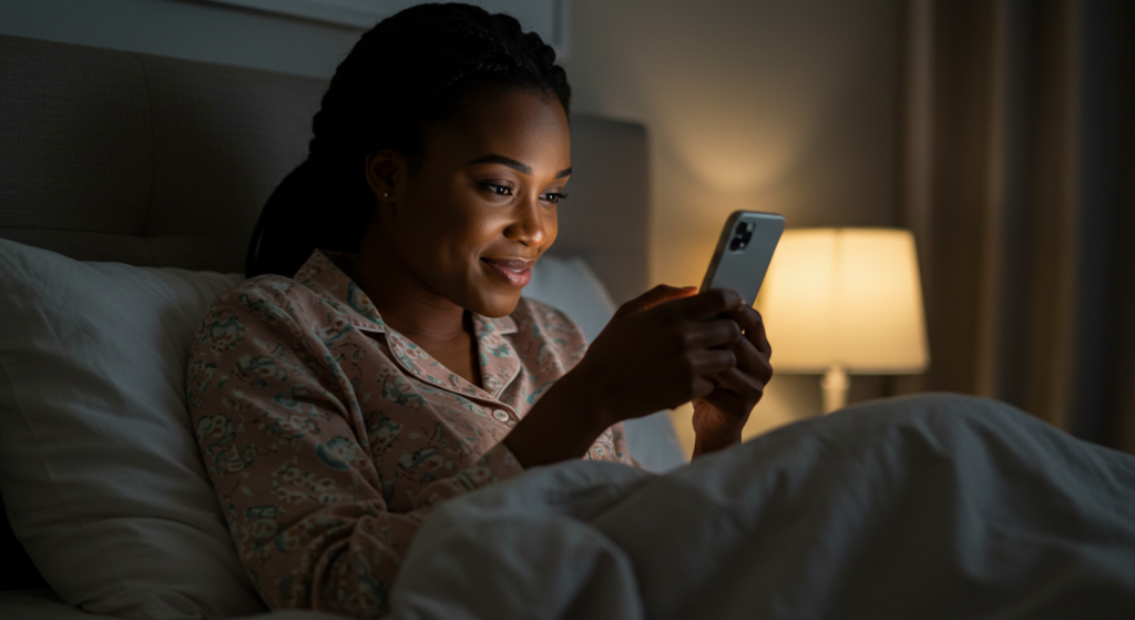 A young Nigerian lady smiling as she receives good morning message for her.