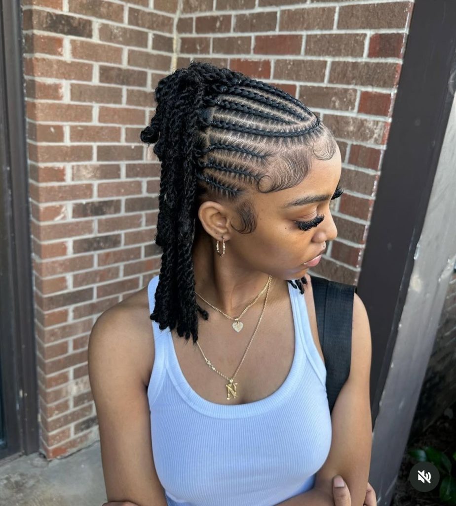 Half-Up Cornrow Buns with Long Box Braids