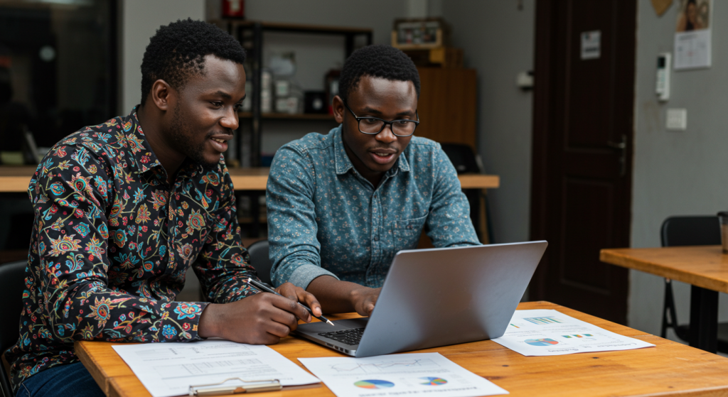 A man showing his friend how to register a business name in Nigeria