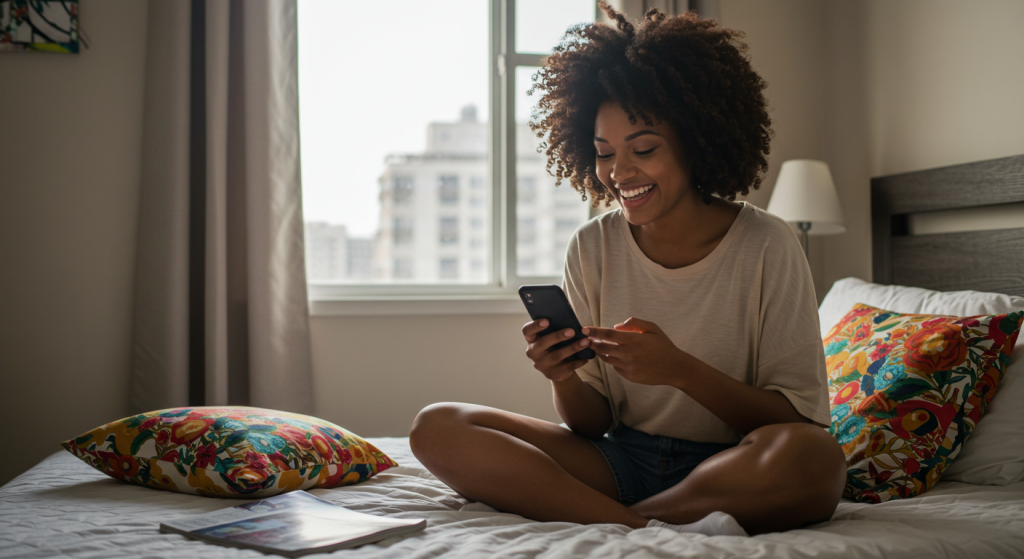 A Nigerian lady reading romantic text messages that will maker her want you badly