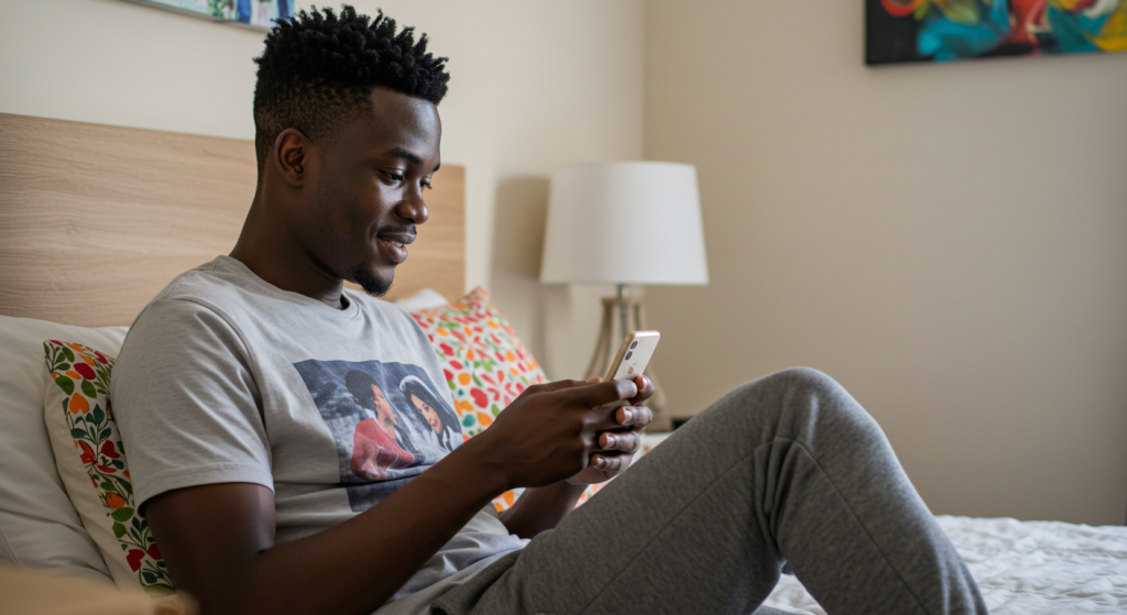 A young Nigerian man composing good morning romantic text messages on his phone.