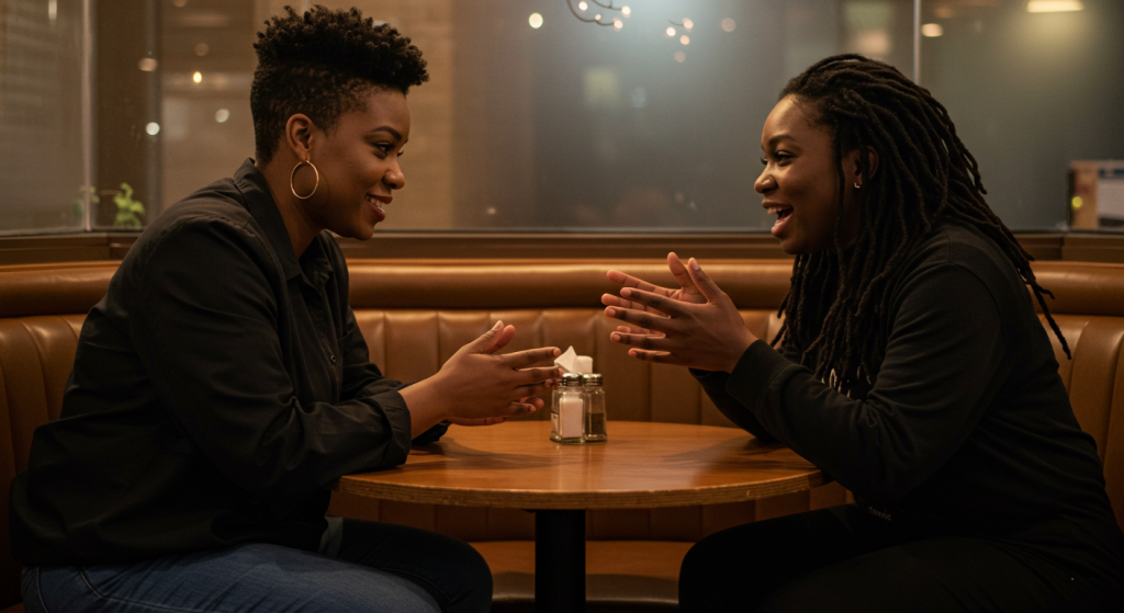 2 girls in deep conversation 