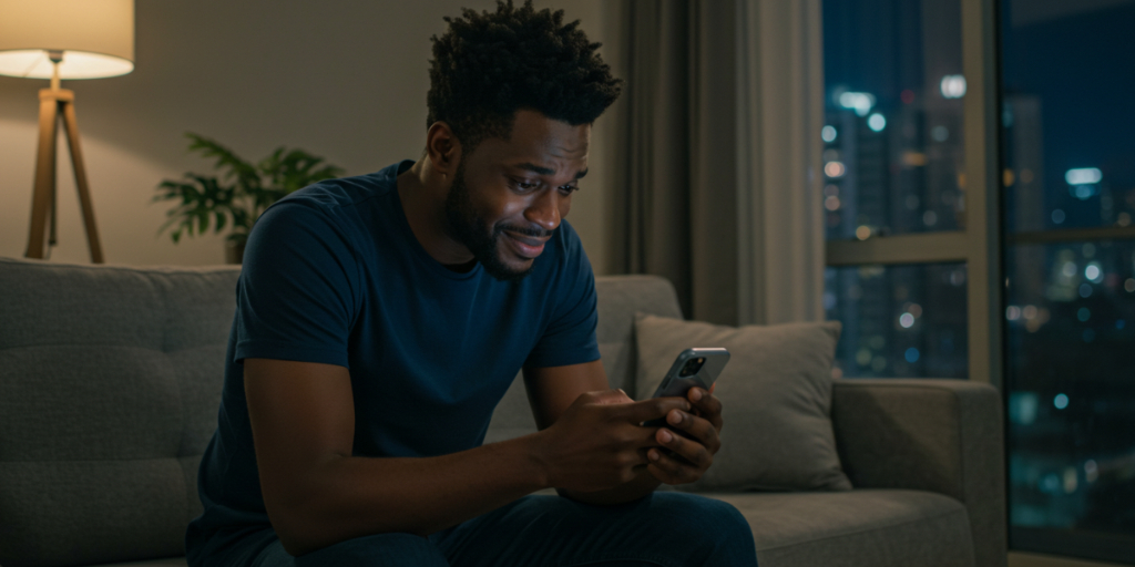 A young Nigerian man reading happy birthday wishes on his phone