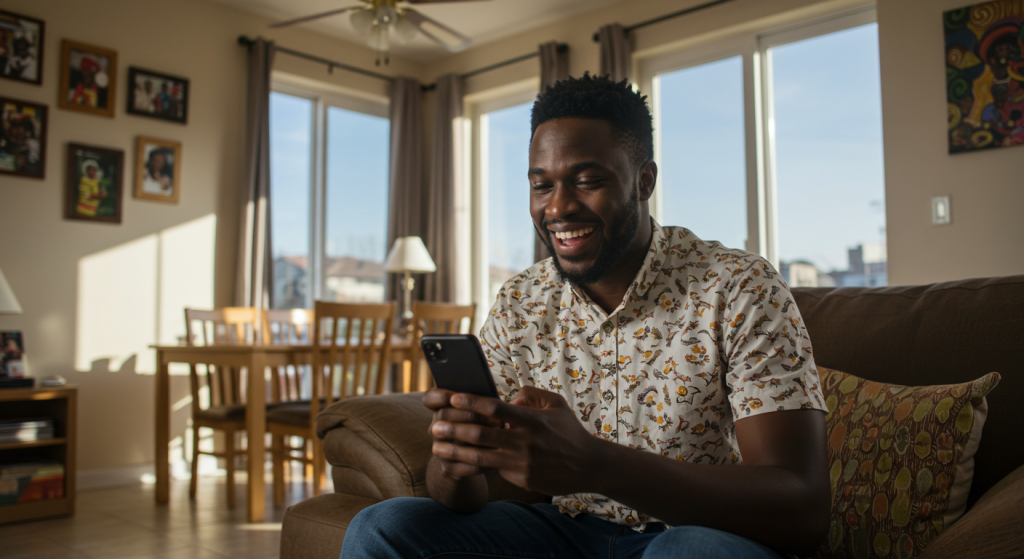 A young Nigerian guy reading happy birthday wishes on his phone
