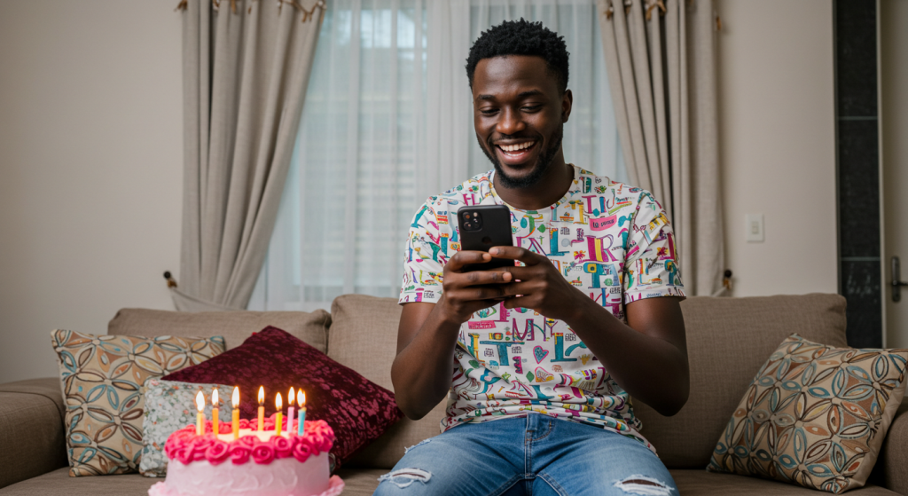 A man reading happy birthday wishes