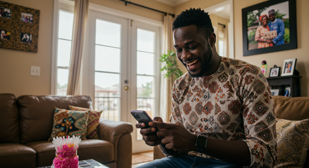 A young Nigerian guy reading  romantic happy birthday wishes on his phone
