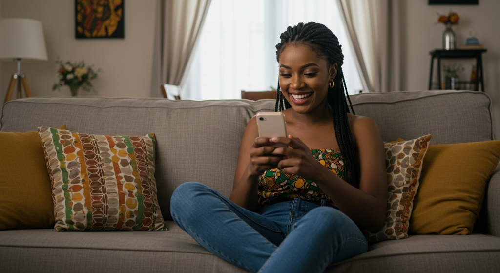 A young Nigerian lady reading  romantic happy birthday wishes on her phone
