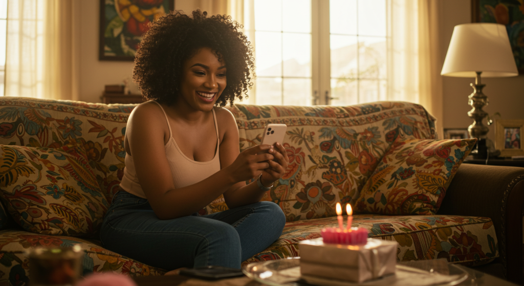 A young Nigerian lady composing  happy birthday wishes for her female friend on her phone