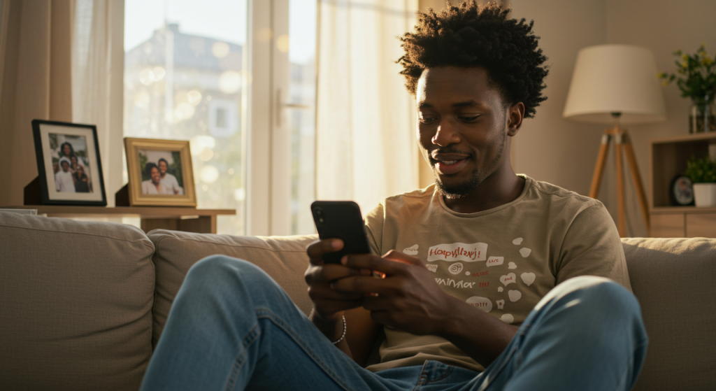 A young Nigerian guy composing  happy birthday wishes for his brother on his phone