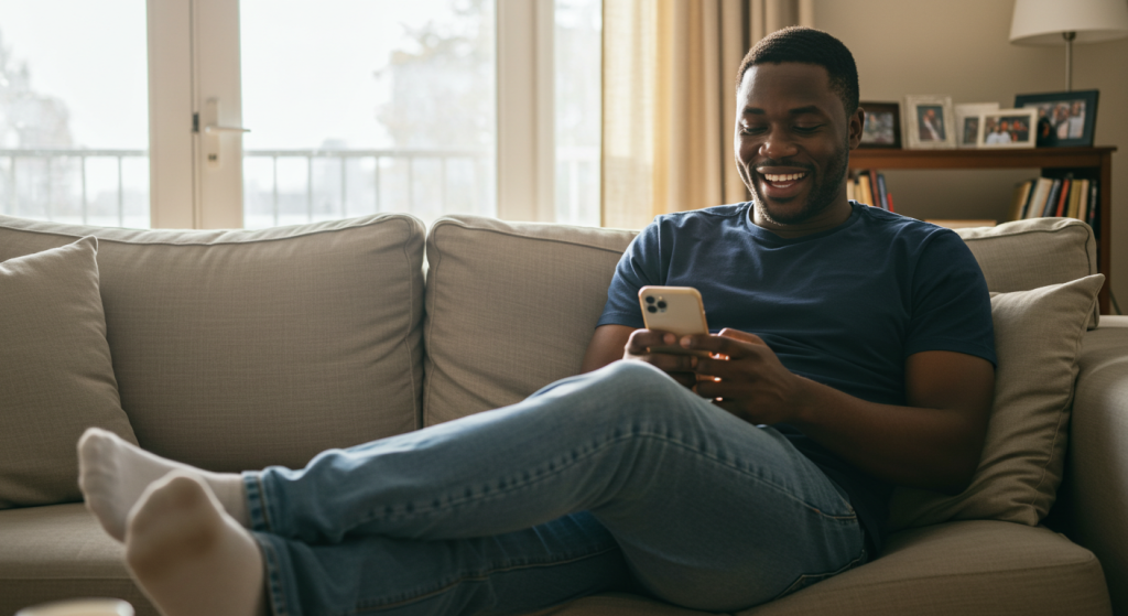 A young Nigerian guy composing  happy birthday wishes for his friend on his phone
