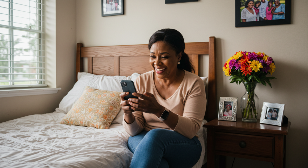A Nigerian mother composing  happy birthday wishes on her phone