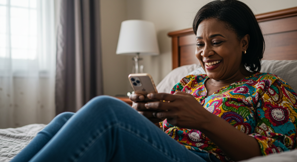 A middle aged Nigerian mother reading happy birthday wishes on her phone