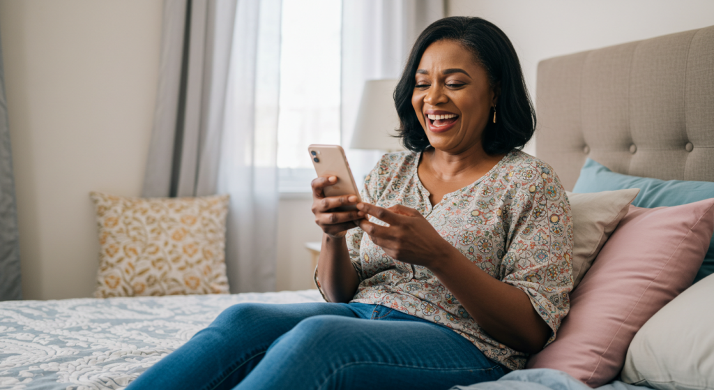 A Nigerian mother composing  happy birthday wishes on her phone