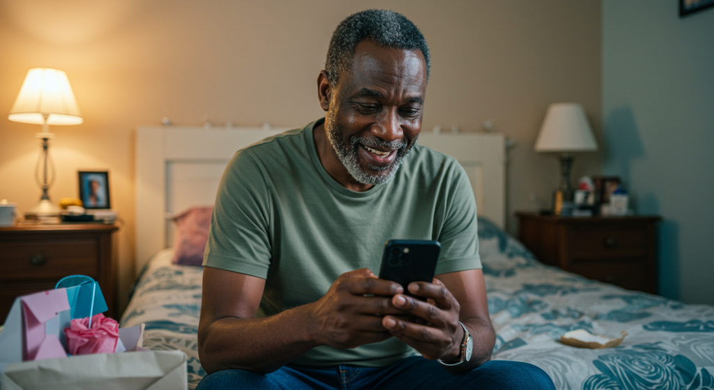 A Nigerian dad composing  happy birthday wishes on his phone