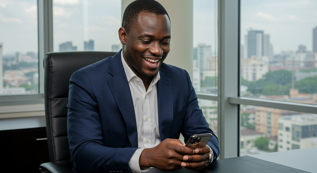 A middle aged Nigerian boss reading happy birthday wishes on his phone