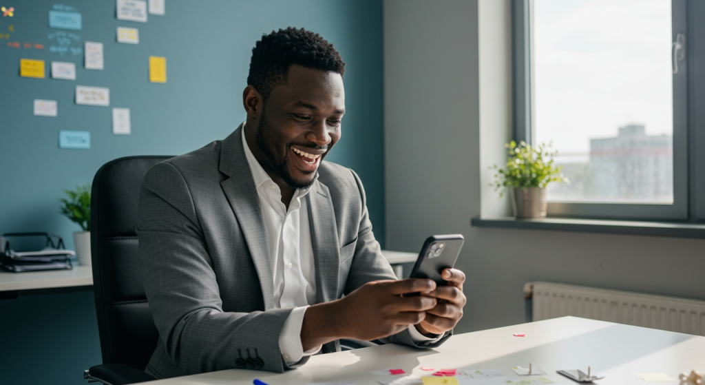 A young Nigerian man at the office reading happy birthday wishes on his phone