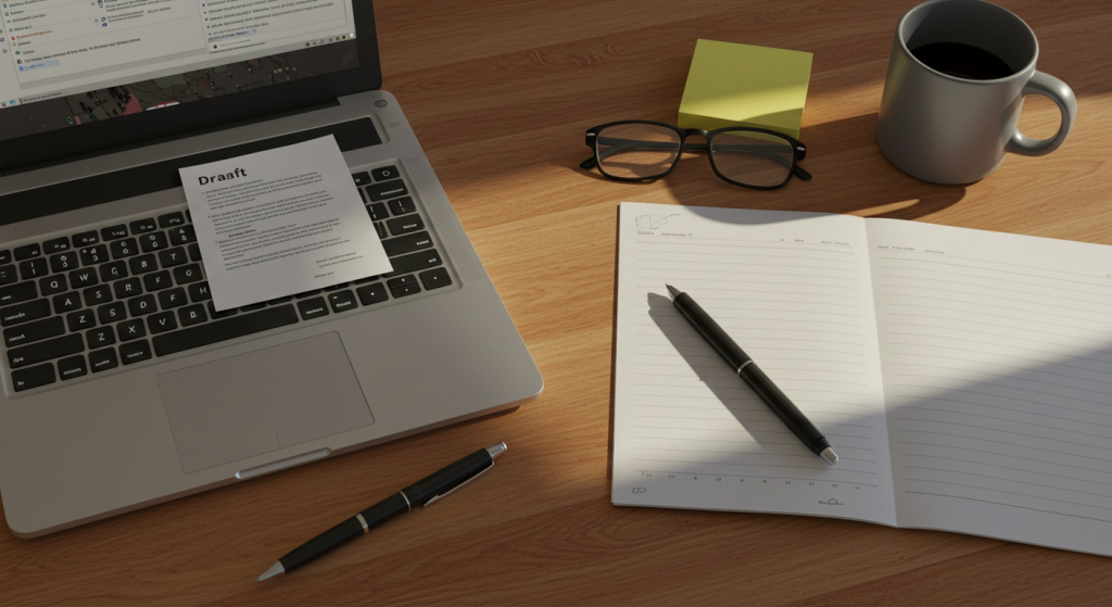 Laptop and writing materials on a desk